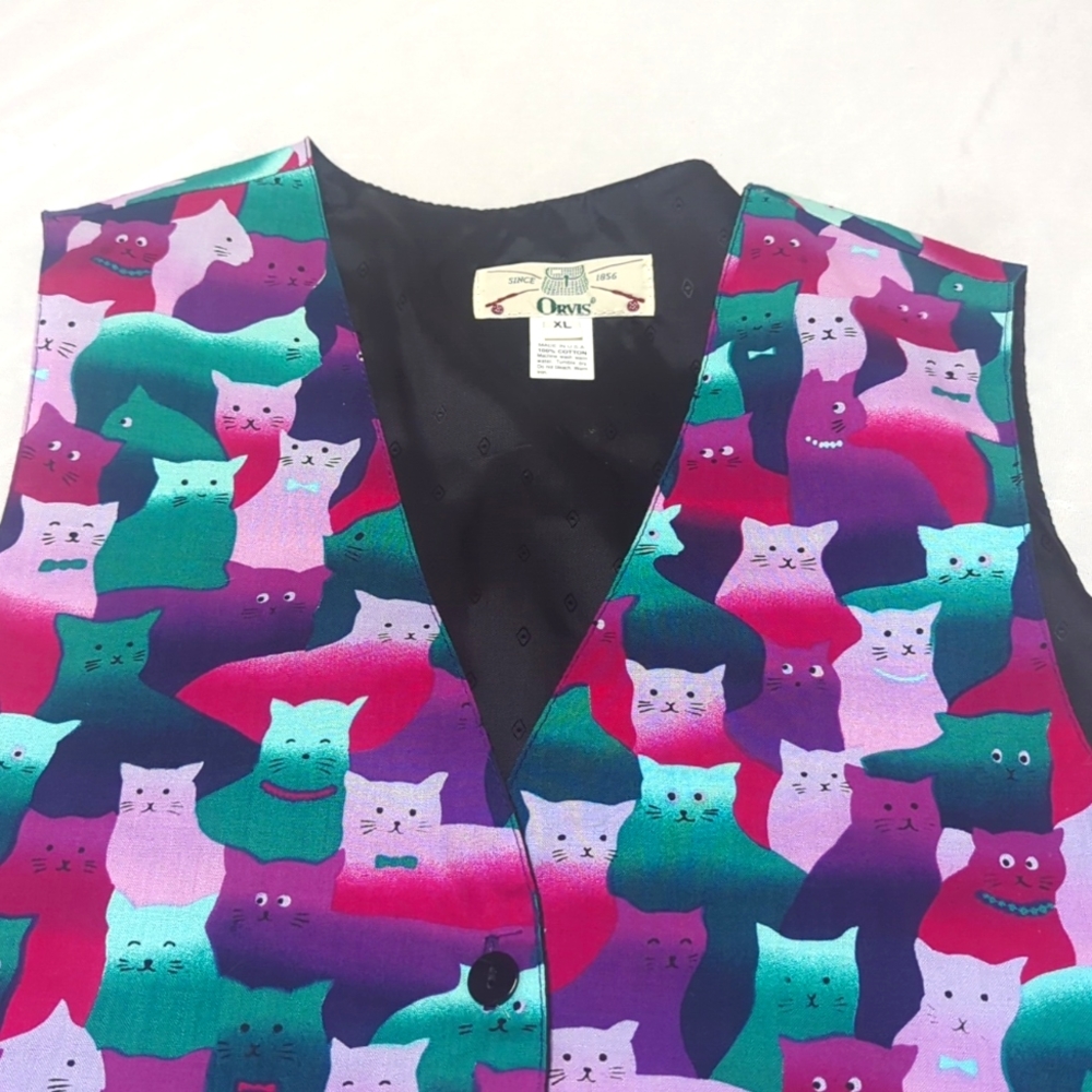 Orvis Vintage Kitschy Cat Lover Bold Colorful 2 Button Vest Purple Teal Pink - Picture 3 of 6